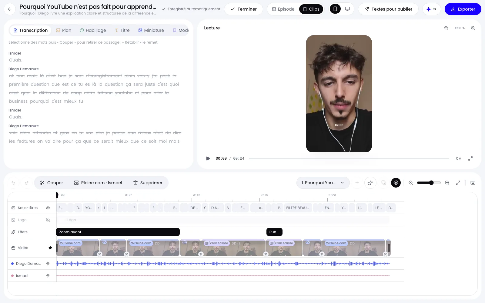 La retouche d’un clip vertical dans ShortCast : transcription, aperçu 9:16 et timeline