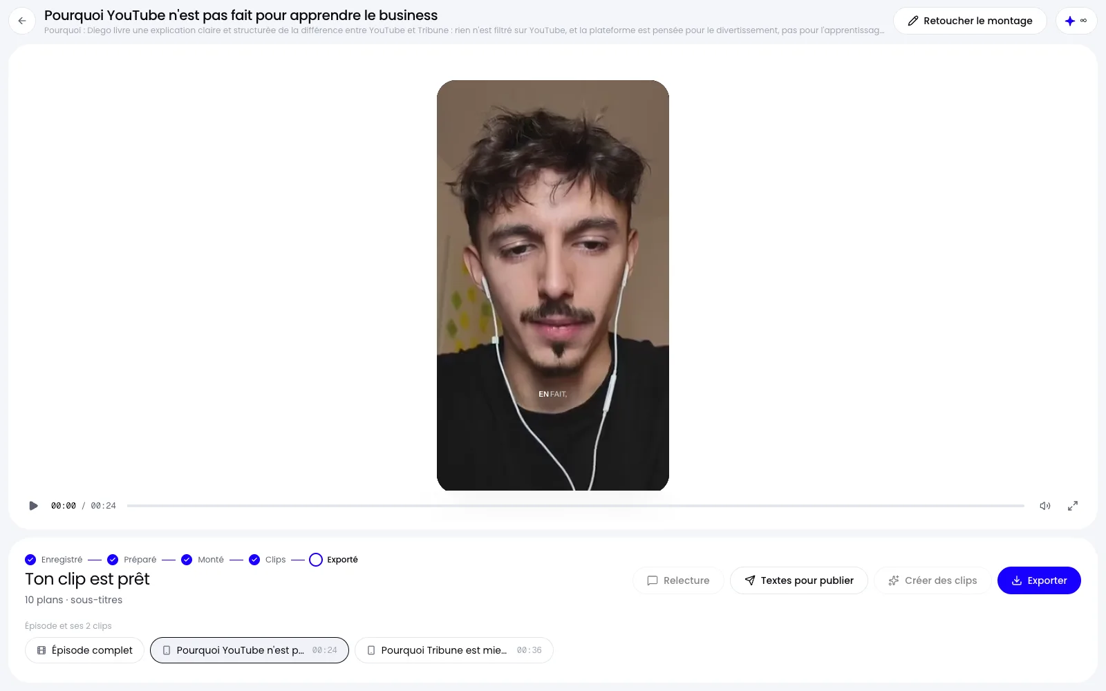 Un clip vertical 9:16 proposé par l’IA dans ShortCast, avec les autres clips de l’épisode