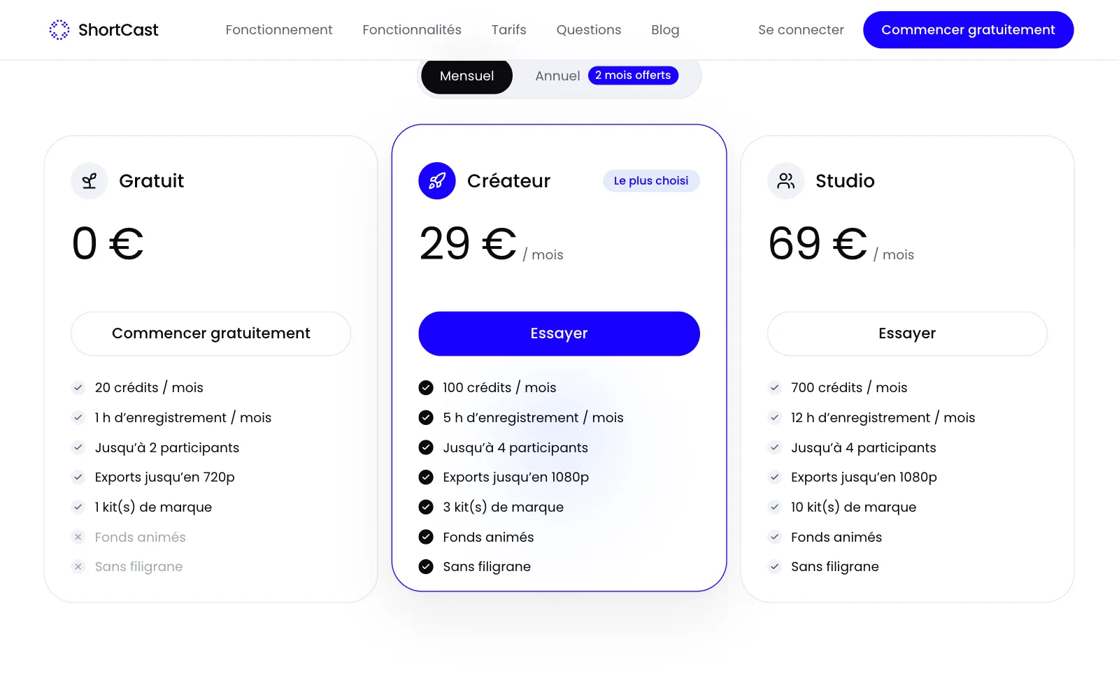 Les formules ShortCast : gratuite, Créateur et Studio