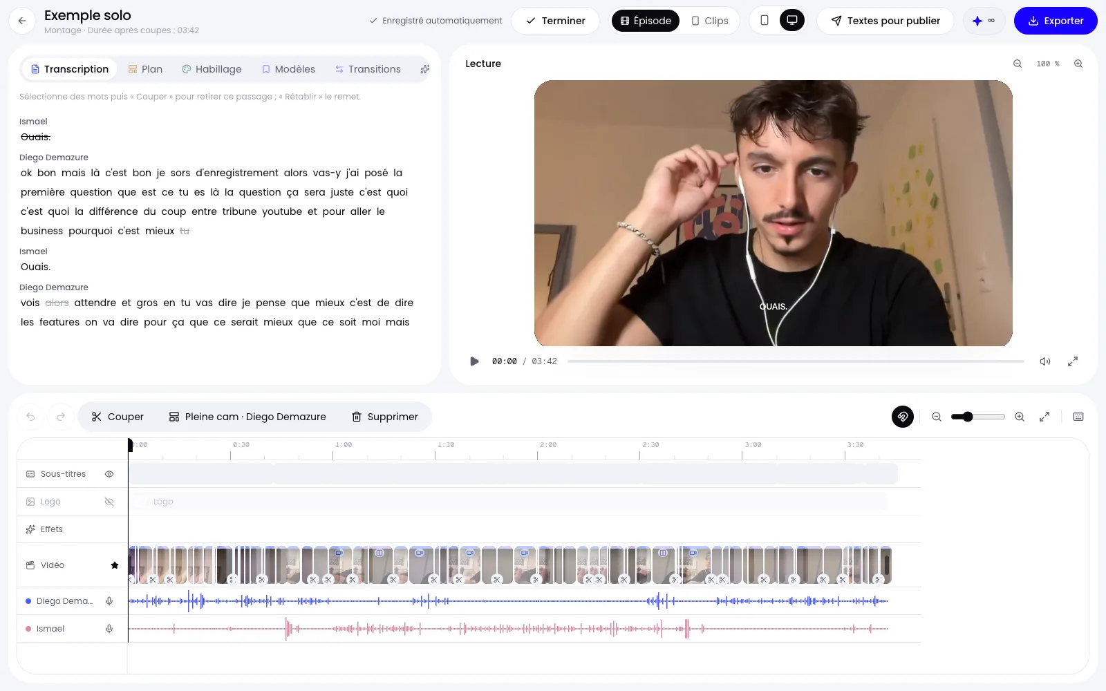 La timeline de l’éditeur ShortCast avec les plans, les sous-titres et les coupes